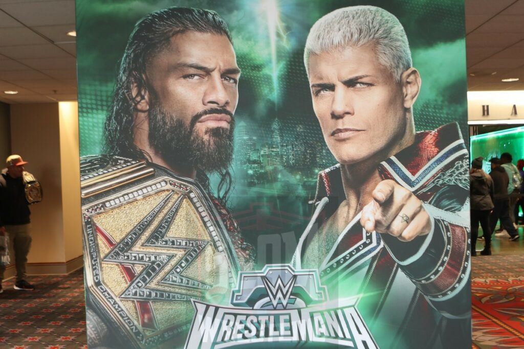 A poster with Roman Reigns and Cody Rhodes at WWE World at the Philadelphia Convention Center in Philadelphia, PA, on Friday, April 5, 2024. Photo by George Tahinos, georgetahinos.smugmug.com