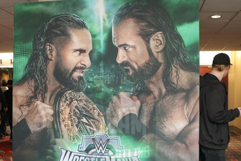 A poster with Seth Rollins and Drew McIntyre at WWE World at the Philadelphia Convention Center in Philadelphia, PA, on Friday, April 5, 2024. Photo by George Tahinos, georgetahinos.smugmug.com
