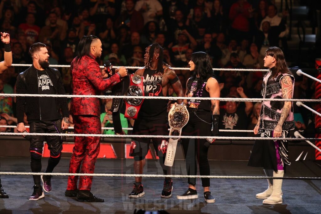 The Judgement Day are joined by R-Truth at WWE Monday Night Raw at the Wells Fargo Center in Philadelphia, PA, on April 8, 2024. Photo by George Tahinos, georgetahinos.smugmug.com