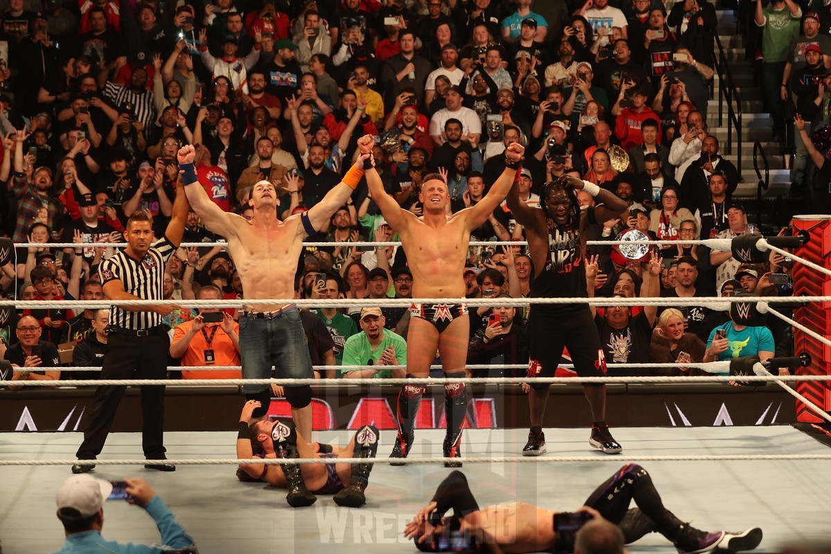 John Cena, The Miz & R-Truth at WWE Monday Night Raw at the Wells Fargo Center in Philadelphia, PA, on April 8, 2024. Photo by George Tahinos, georgetahinos.smugmug.com