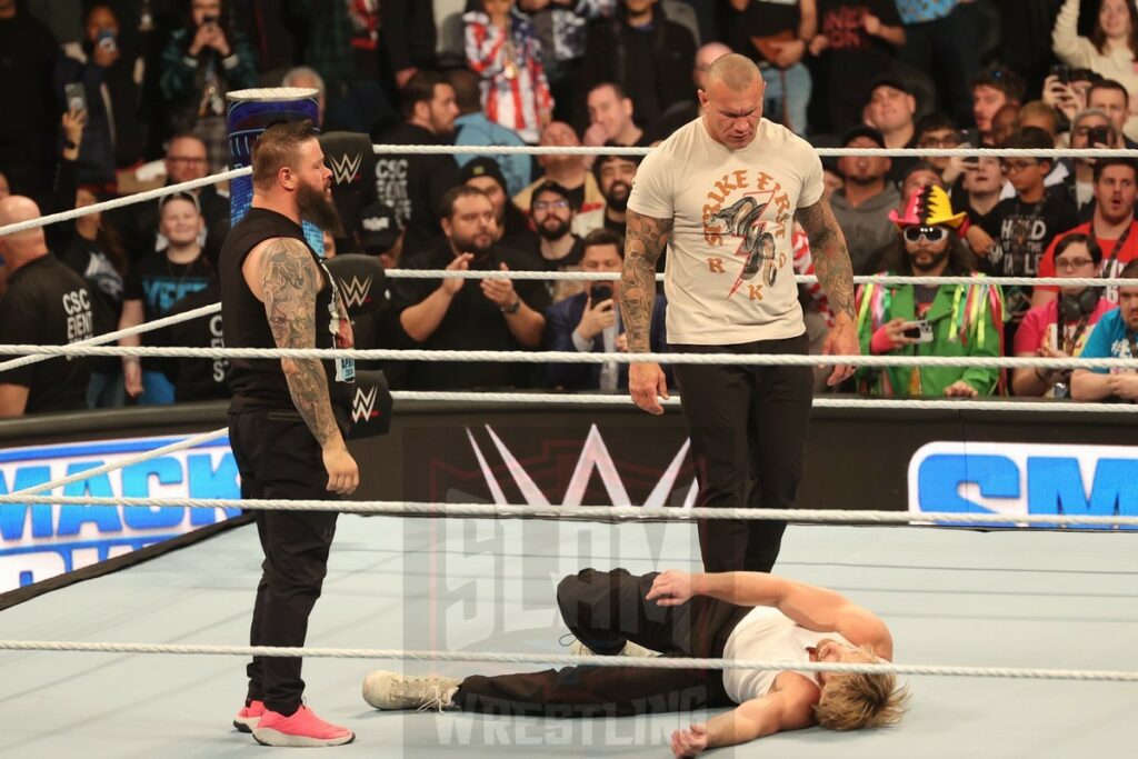 Kevin Owens and Randy Orton beat up Logan Paul at WWE Smackdown at the Wells Fargo Center in Philadelphia, PA, on Friday, April 5, 2024. Photo by George Tahinos, georgetahinos.smugmug.com