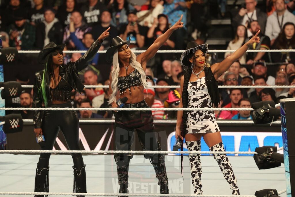 Naomi, Jade Cargill and Bianca Belair at WWE Smackdown at the Wells Fargo Center in Philadelphia, PA, on Friday, April 5, 2024. Photo by George Tahinos, georgetahinos.smugmug.com