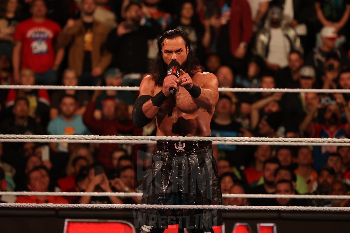 Drew McIntyre at WWE Monday Night Raw at the Wells Fargo Center in Philadelphia, PA, on April 8, 2024. Photo by George Tahinos, georgetahinos.smugmug.com