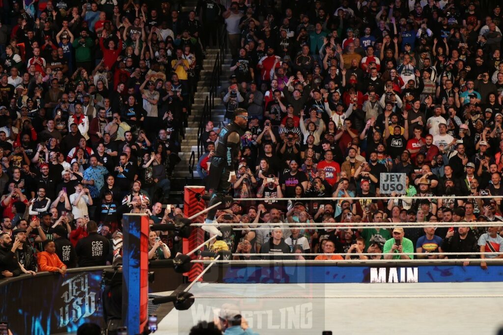 Jey Uso at WWE Monday Night Raw at the Wells Fargo Center in Philadelphia, PA, on April 8, 2024. Photo by George Tahinos, georgetahinos.smugmug.com