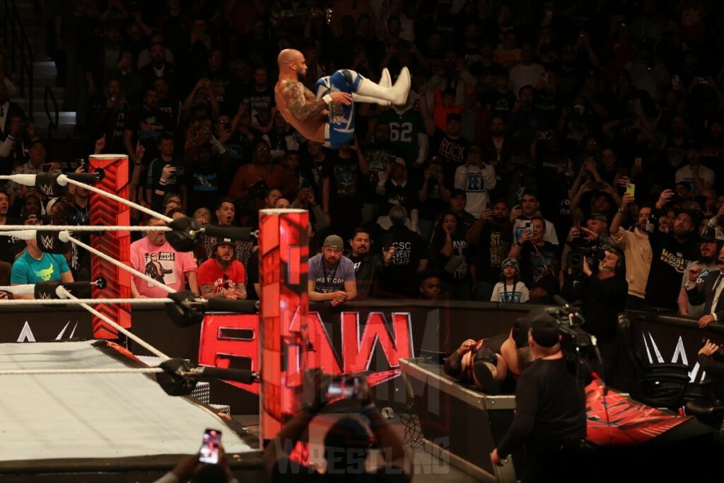 Number One Contender Match for WWE World Heavyweight Championship Title: Jey Uso vs. Ricochet vs. Bronson Reed vs. Drew McIntyre at WWE Monday Night Raw at the Wells Fargo Center in Philadelphia, PA, on April 8, 2024. Photo by George Tahinos, georgetahinos.smugmug.com