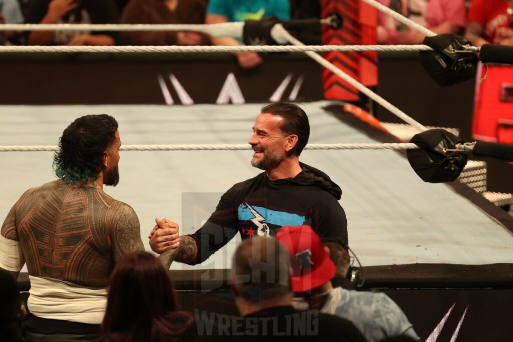 CM Punk and Jey Uso at WWE Monday Night Raw at the Wells Fargo Center in Philadelphia, PA, on April 8, 2024. Photo by George Tahinos, georgetahinos.smugmug.com