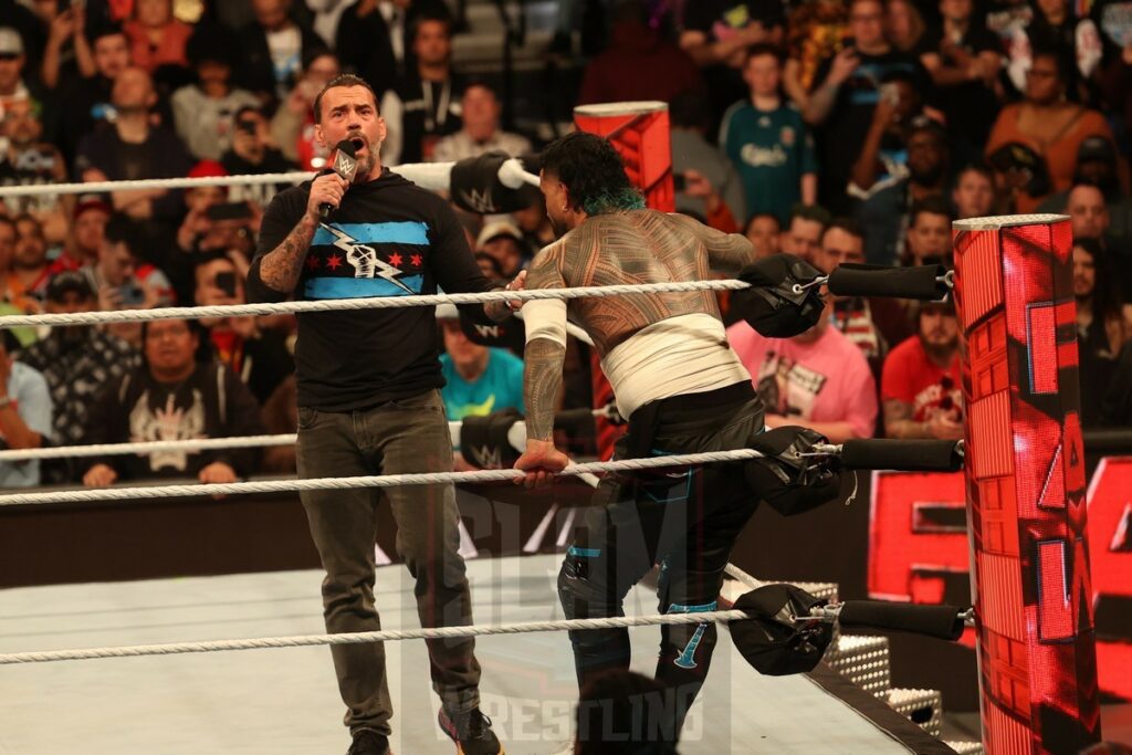 CM Punk and Jey Uso at WWE Monday Night Raw at the Wells Fargo Center in Philadelphia, PA, on April 8, 2024. Photo by George Tahinos, georgetahinos.smugmug.com