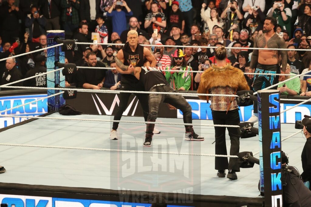 Jimmy Uso is trapped between Jey Uso, Cody Rhodes and Seth Rollins at WWE Smackdown at the Wells Fargo Center in Philadelphia, PA, on Friday, April 5, 2024. Photo by George Tahinos, georgetahinos.smugmug.com