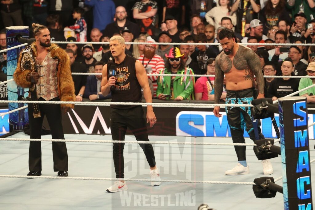 Cody Rhodes, Seth Rollins and Jey Uso at WWE Smackdown at the Wells Fargo Center in Philadelphia, PA, on Friday, April 5, 2024. Photo by George Tahinos, georgetahinos.smugmug.com