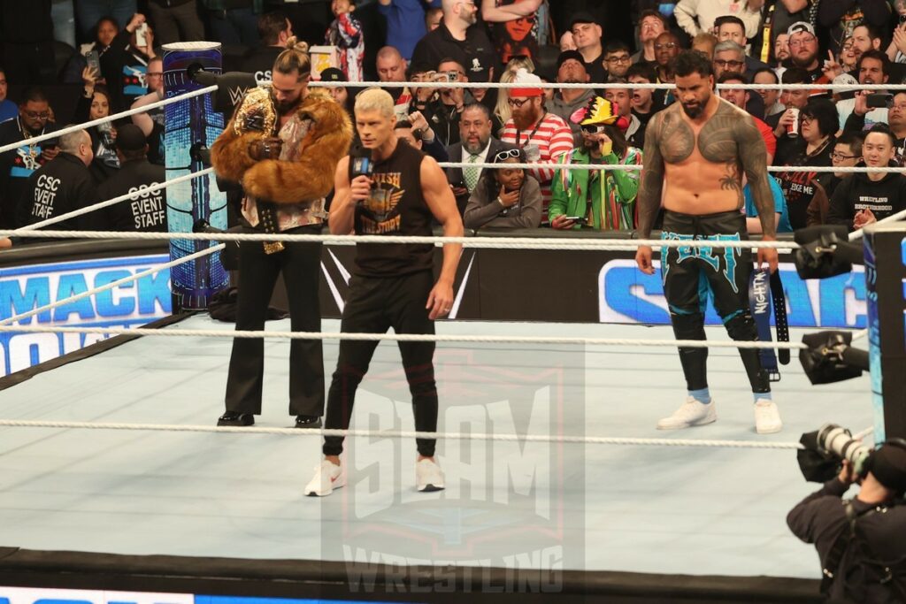 Cody Rhodes, Seth Rollins and Jey Uso at WWE Smackdown at the Wells Fargo Center in Philadelphia, PA, on Friday, April 5, 2024. Photo by George Tahinos, georgetahinos.smugmug.com