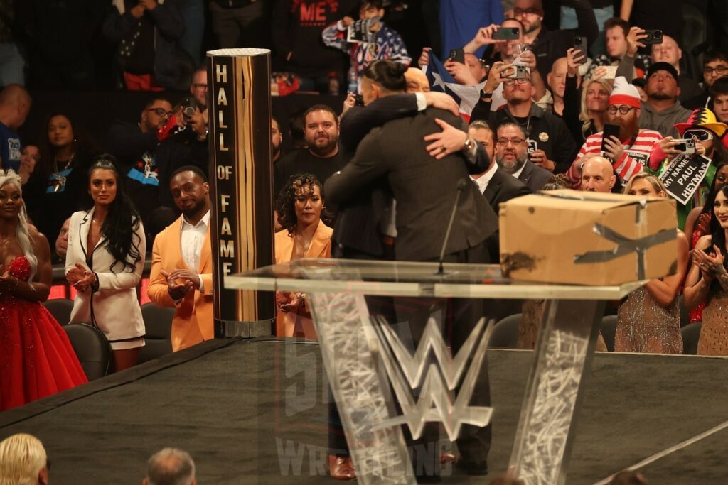 Roman Reigns hugs Paul Heyman at the WWE Hall of Fame ceremony at the Wells Fargo Center in Philadelphia, PA, on Friday, April 5, 2024. Photo by George Tahinos, georgetahinos.smugmug.com