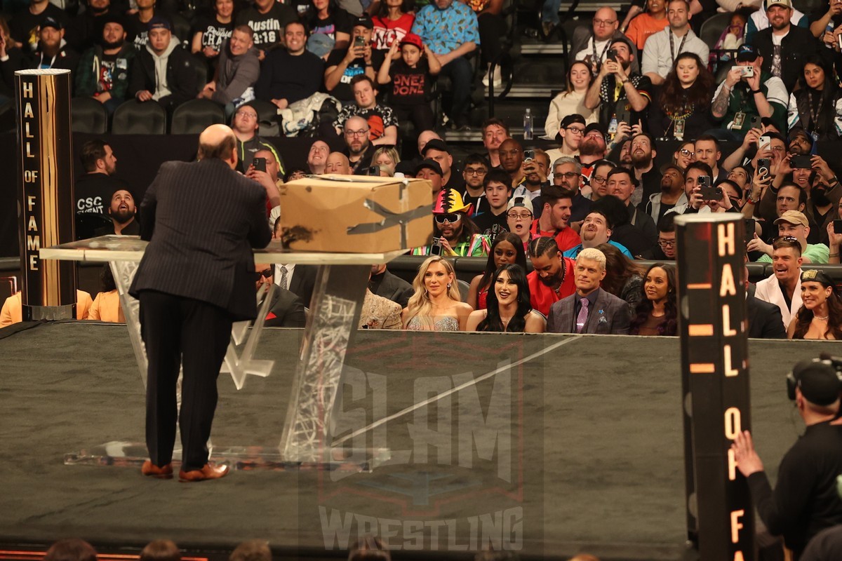 Paul Heyman talks to the Rhodes family at the WWE Hall of Fame ceremony at the Wells Fargo Center in Philadelphia, PA, on Friday, April 5, 2024. Photo by George Tahinos, georgetahinos.smugmug.com