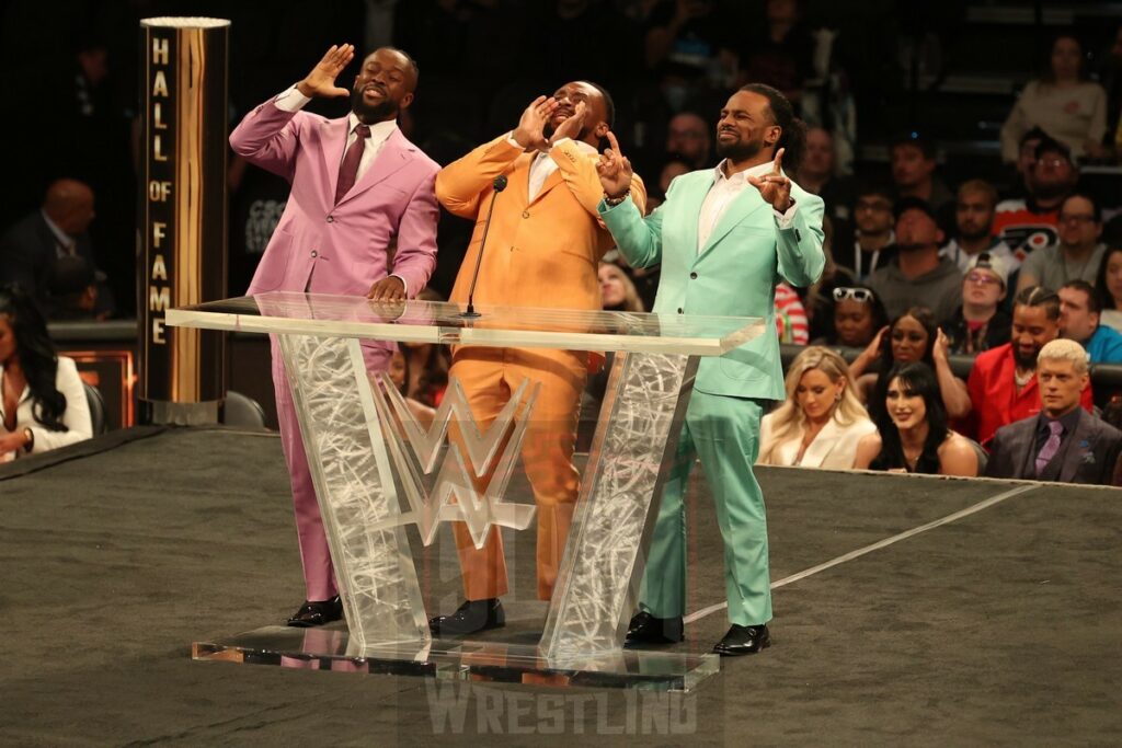 The New Day, Kofi Kingston, Big E and Xavier Woods, introduce Thunderbolt Patterson at the WWE Hall of Fame ceremony at the Wells Fargo Center in Philadelphia, PA, on Friday, April 5, 2024. Photo by George Tahinos, georgetahinos.smugmug.com