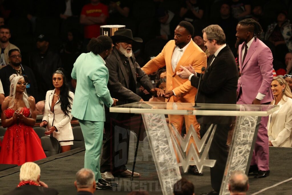 The New Day, Kofi Kingston, Big E and Xavier Woods, welcome Thunderbolt Patterson and his helper Scott Spears at the WWE Hall of Fame ceremony at the Wells Fargo Center in Philadelphia, PA, on Friday, April 5, 2024. Photo by George Tahinos, georgetahinos.smugmug.com