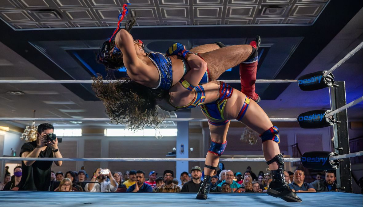 "J-Rod" Jessica Roden suplexes Tiffany Nieves at the Destiny World Wrestling show at Alliance Banquet Hall in Toronto on Sunday, April 14, 2024. Photo by Bryan Weiss #WeissShotMe #Ishoot4me