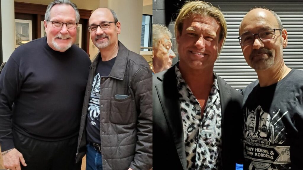 Jimmy Korderas with, left, Ted DiBiase, and, right, Nick Nemeth/Dolph Ziggler on WrestleMania XL weekend in April 2024. Facebook photos