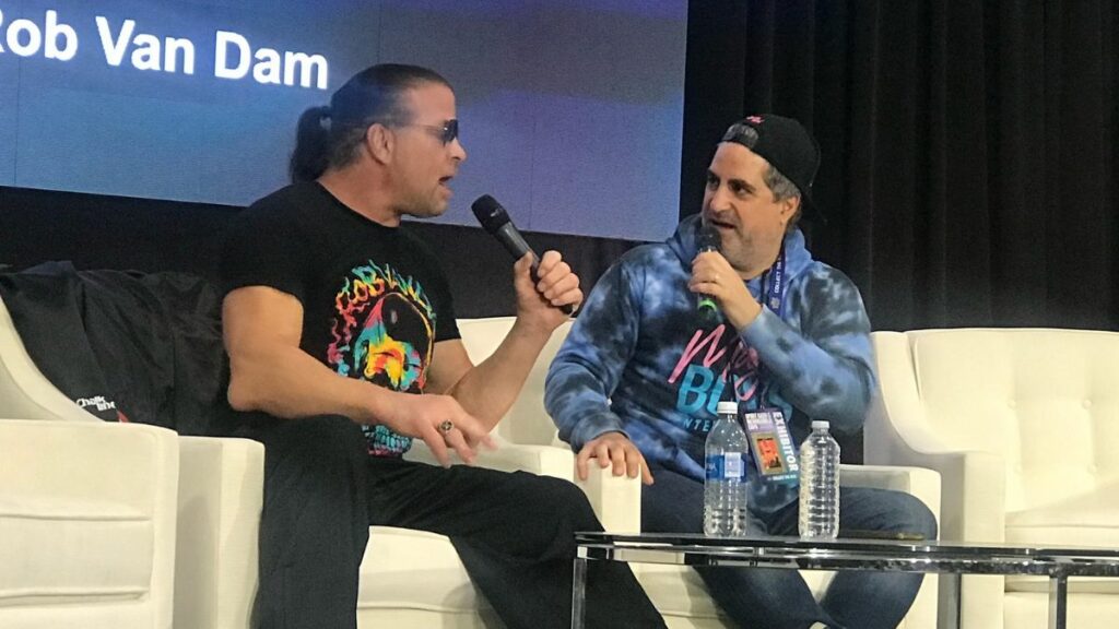 Rob Van Dam is interviewed by Jian Magen at the Toronto Sports Card Expo on Sunday, April 28, 2024.