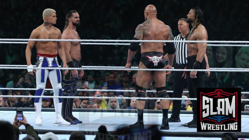 The Bloodline (The Rock & Roman Reigns) Vs. Cody Rhodes & Seth Rollins at Night 1 of WrestleMania XL at Lincoln Financial Field in Philadelphia, PA, on Saturday, April 6, 2024. Photo by George Tahinos, georgetahinos.smugmug.com