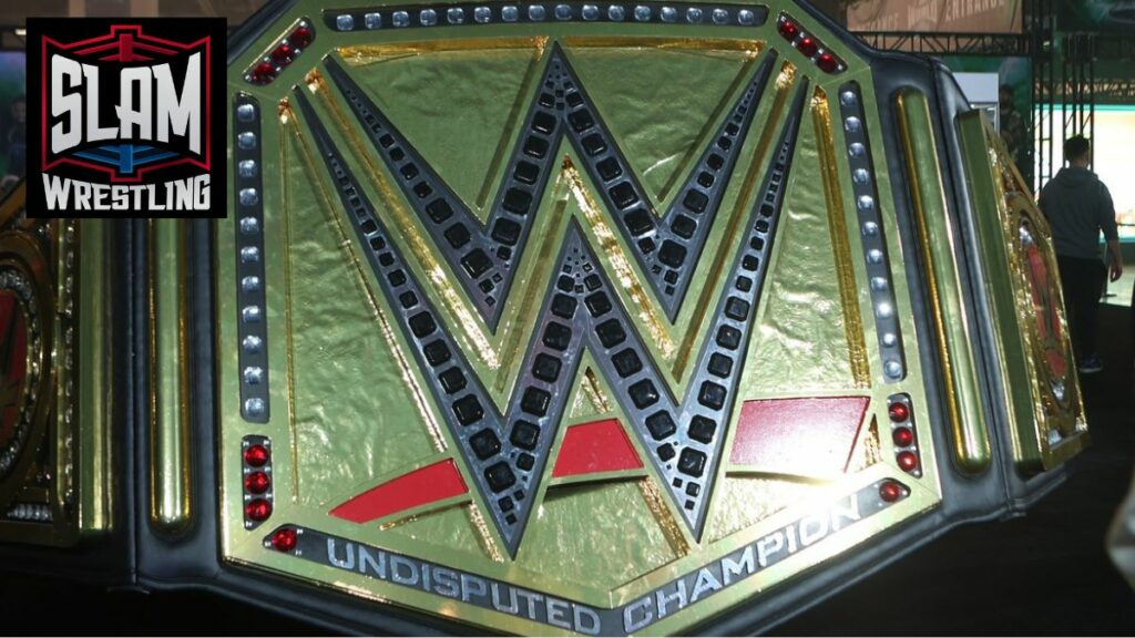 A giant WWE Undisputed championship belt at WWE World at the Philadelphia Convention Center in Philadelphia, PA, on Friday, April 5, 2024. Photo by George Tahinos, georgetahinos.smugmug.com