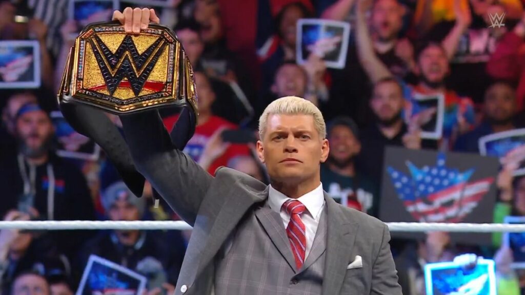 Cody Rhodes showing off his Undisputed WWE Universal Championship. Photo: WWE