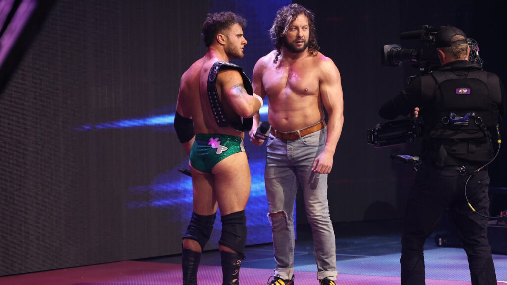 MJF and Kenny Omega at AEW Dynamite, at the Liacouras Center, in Philadelphia, on Wednesday, October 25, 2023. Photo by George Tahinos, Slam Wrestling, https://georgetahinos.smugmug.com