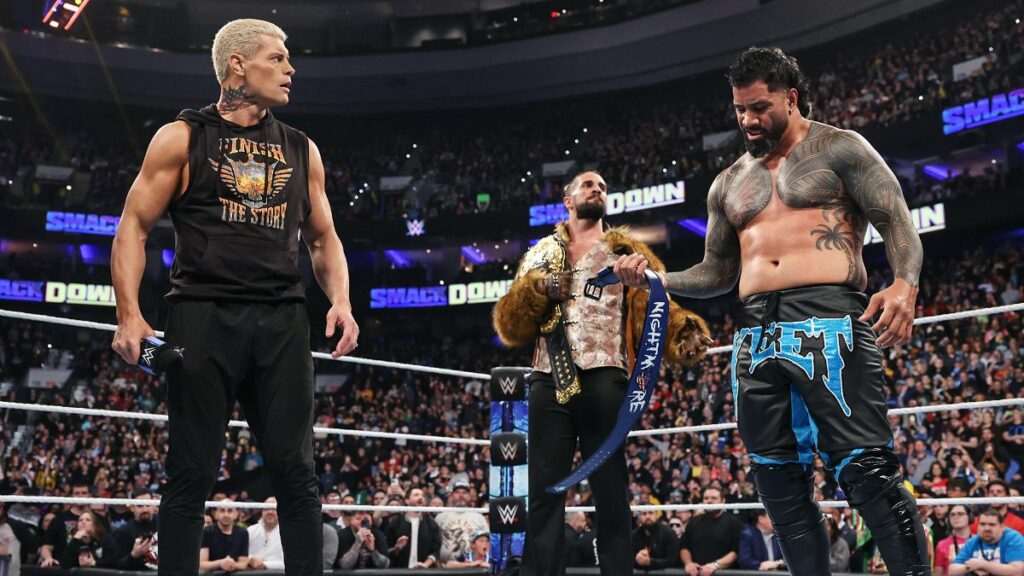 Cody Rhodes, Seth Rollins and Jey Uso at WWE Smackdown on Apr. 5, 2024. WWE photo