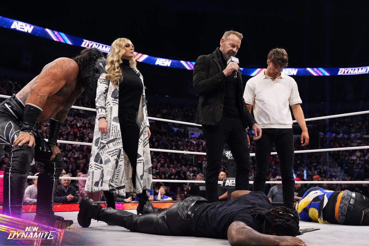 Christian Cage looks down at Swerve Strickland at AEW Dynamite in Winnipeg, Manitoba, on May 1, 2024. Photo by Lee South, AEW