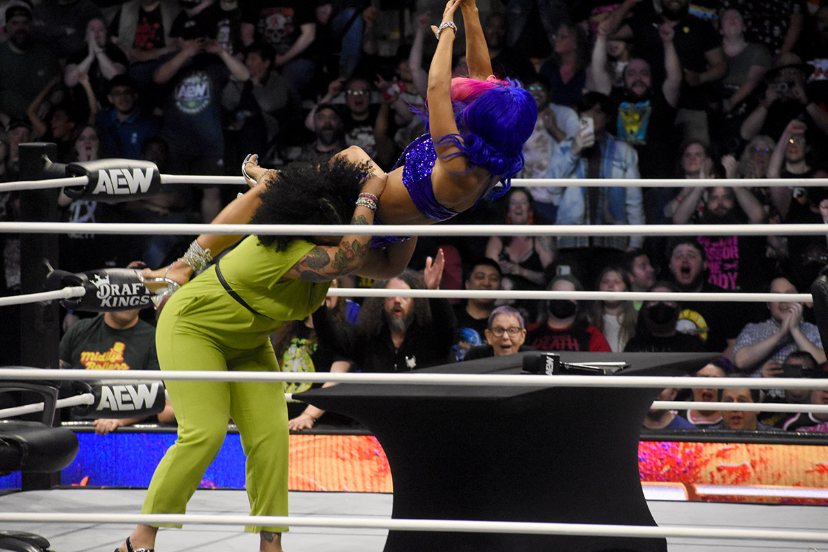 Willow Nightingale powerbombs Mercedes Mone at AEW Dynamite on Wednesday, May 15, 2024, at the Angel of the Winds Arena in Everett, Wash. Photo by Ben Lypka
