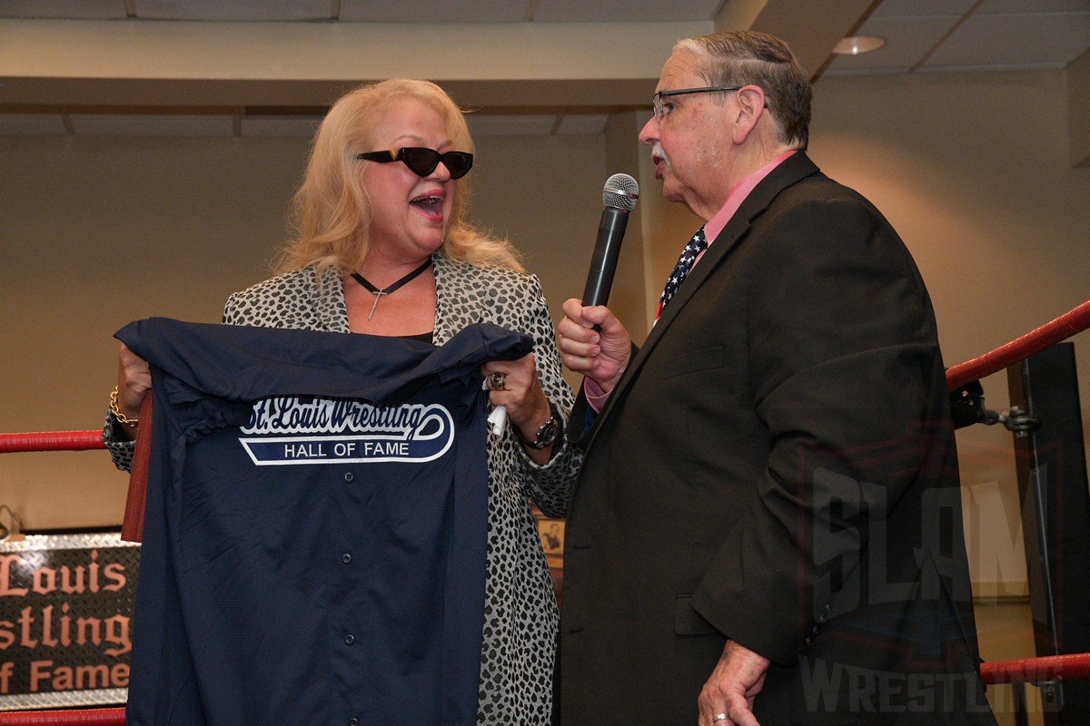 Wendi Richter and Herb Simmons at the St. Louis Wrestling Hall of Fame induction at the SICW Fan Fest II at the Aviator Hotel in St. Louis, on Saturday, May 18, 2024. Photo by Scott Romer