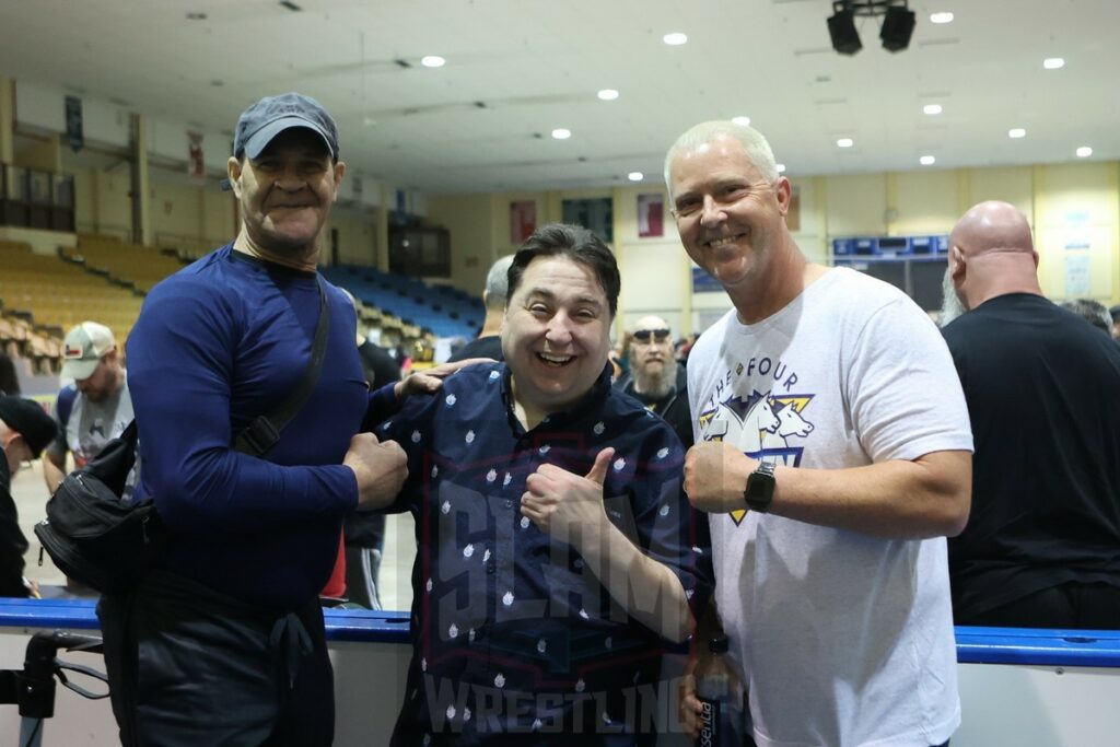 Superfan Vladimir, Mike Johnson and Lee Petry at the 80s Wrestling Con on Saturday, May 4, 2024, at the Mennen Sports Arena in Morristown, New Jersey. Photo by George Tahinos, georgetahinos.smugmug.com