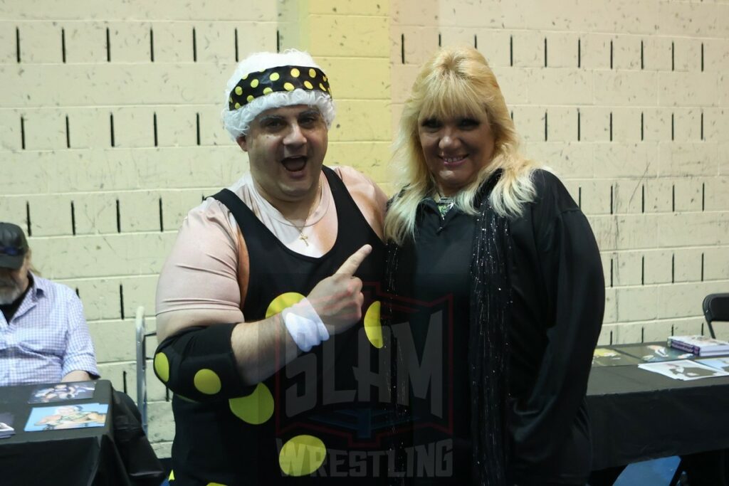 Mike Raimondi as Dusty Rhodes with Baby Doll at the 80s Wrestling Con on Saturday, May 4, 2024, at the Mennen Sports Arena in Morristown, New Jersey. Photo by George Tahinos, georgetahinos.smugmug.com