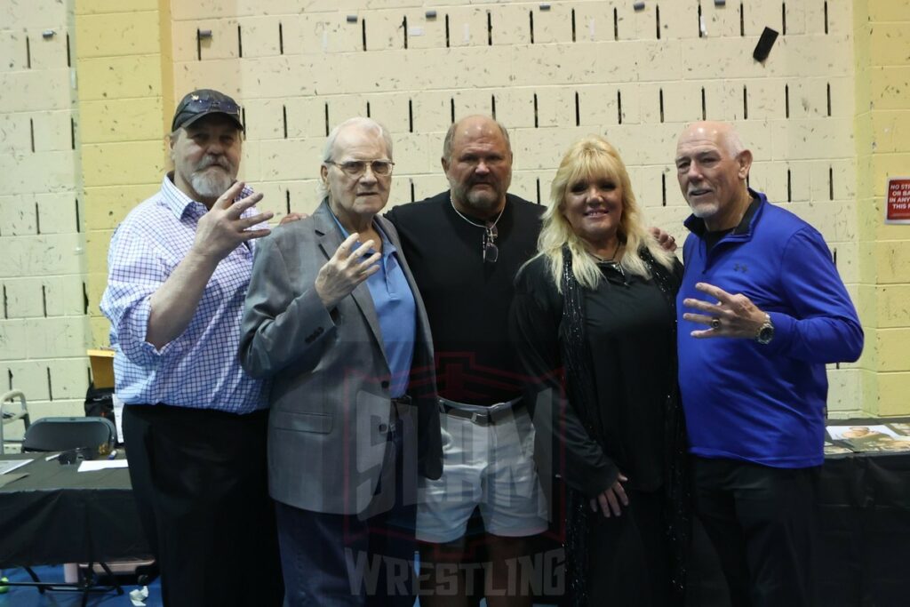 The Four Horsemen Barry Windham, JJ Dillon, Arn Anderson, Baby Doll and Tully Blanchard at the 80s Wrestling Con on Saturday, May 4, 2024, at the Mennen Sports Arena in Morristown, New Jersey. Photo by George Tahinos, georgetahinos.smugmug.com