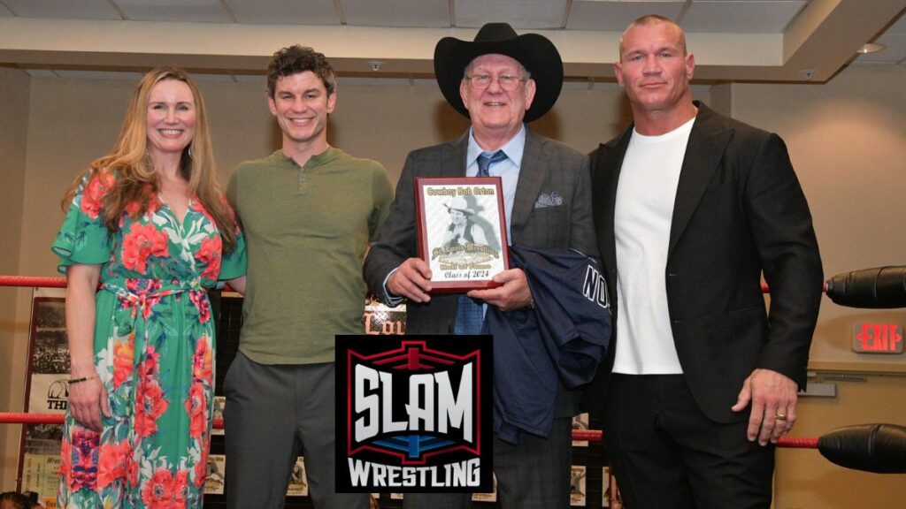 Cowboy Bob Orton with his three children, Becky, Nate and Randy, at the St. Louis Wrestling Hall of Fame induction at the SICW Fan Fest II at the Aviator Hotel in St. Louis, on Saturday, May 18, 2024. Photo by Scott Romer