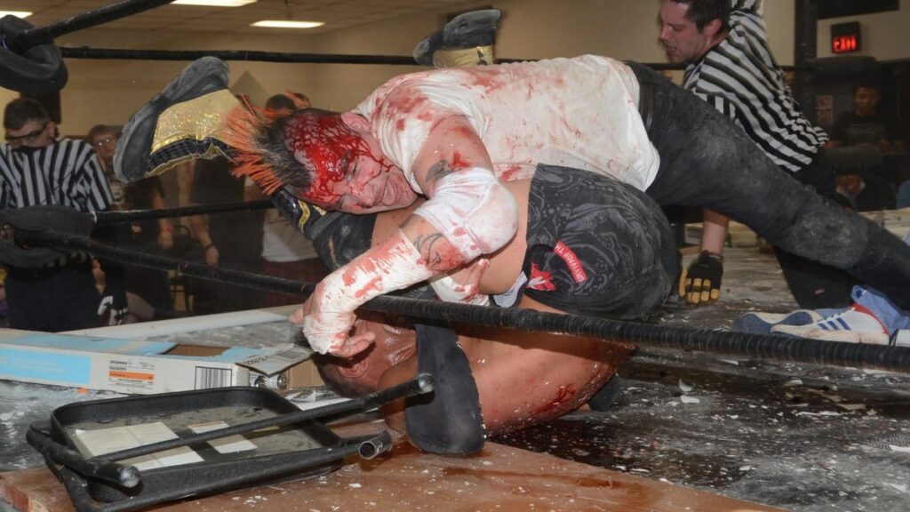 Chuck Stein pins Drake Younger at Horror Slam: Crimson Mask in at the Elk's Lodge in Livonia, Michigan, on Friday, May 10, 2024. Photo by Brad McFarlin