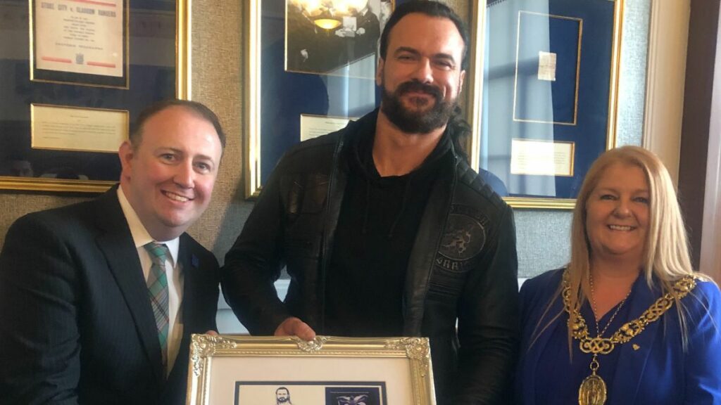 Bradley Craig, wrestling historian and founder of the Hall, with Drew McIntyre and Glasgow’s Lord Provost Jacqueline McLaren on June 13, 2024, at Edmiston House in Glasgow, Scotland.