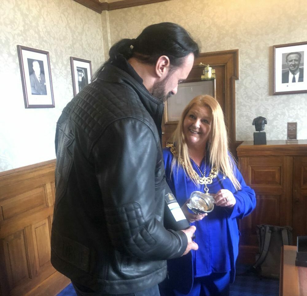 Drew McIntyre and Glasgow’s Lord Provost Jacqueline McLaren on June 13, 2024, at Edmiston House in Glasgow, Scotland.