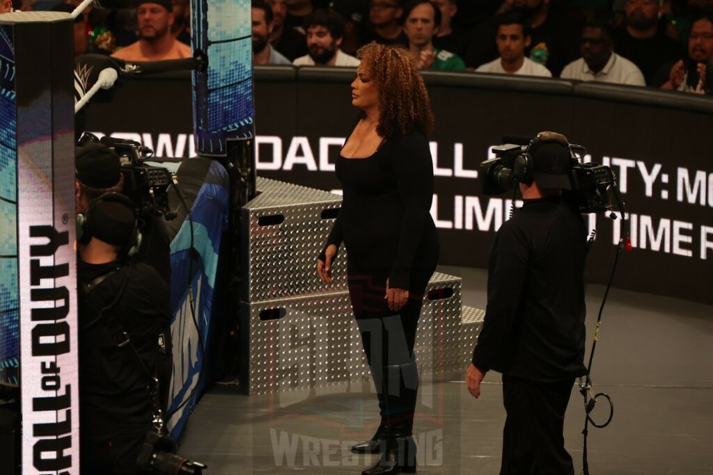 Nia Jax watches the Money in the Bank Qualifying match between Candice LeRae vs. Tiffany Stratton vs. Jade Cargill at Madison Square Garden, in New York City, NY, on Friday, June 28, 2024, as WWE presented Smackdown. Photo by George Tahinos, georgetahinos.smugmug.com