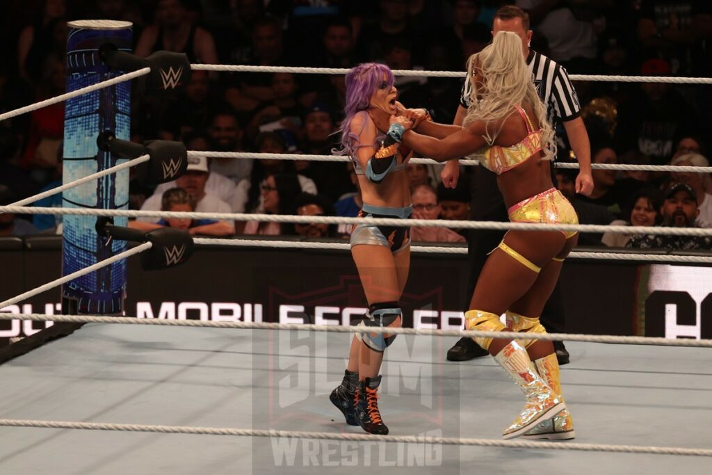 Money in the Bank Qualifying match: Candice LeRae vs. Tiffany Stratton vs. Jade Cargill at Madison Square Garden, in New York City, NY, on Friday, June 28, 2024, as WWE presented Smackdown. Photo by George Tahinos, georgetahinos.smugmug.com