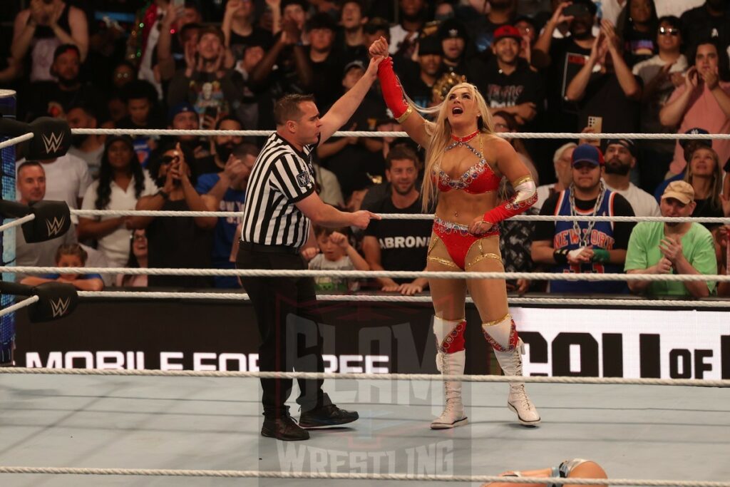 Tiffany Stratton wins the Money in the Bank Qualifying match over Candice LeRae and Jade Cargill at Madison Square Garden, in New York City, NY, on Friday, June 28, 2024, as WWE presented Smackdown. Photo by George Tahinos, georgetahinos.smugmug.com