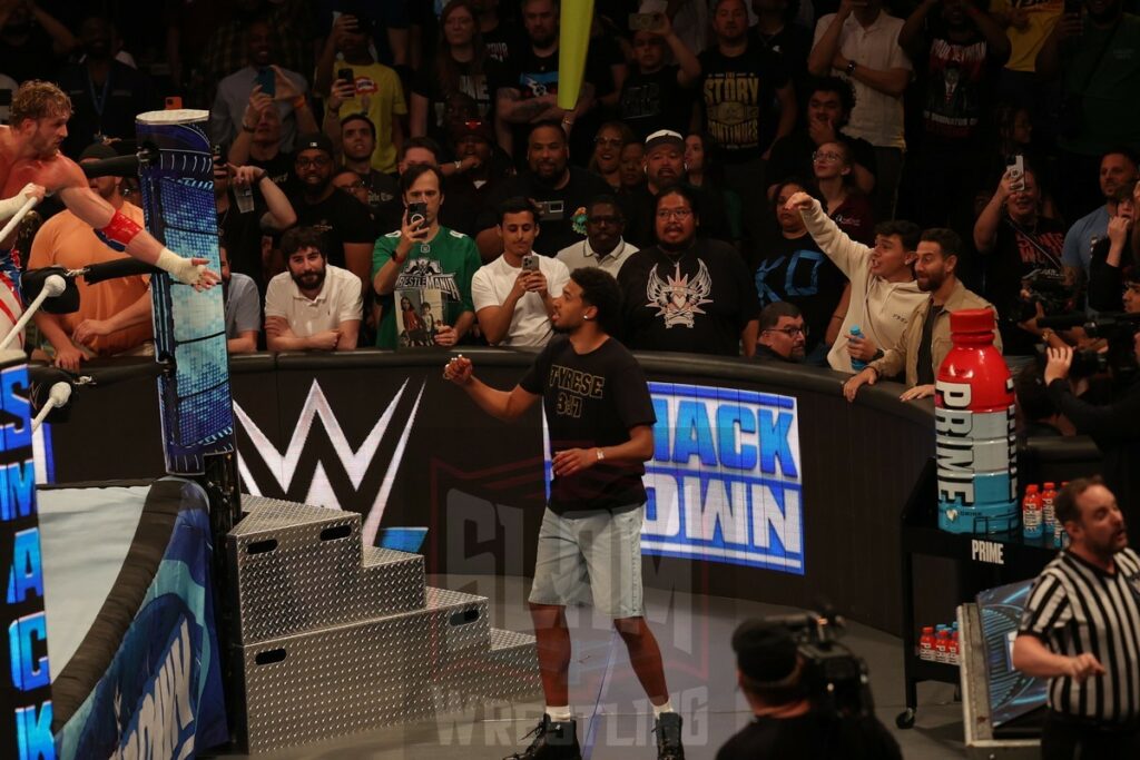 Logan Paul asks for help from Tyrese Haliburton of the Indiana Pacers at Madison Square Garden, in New York City, NY, on Friday, June 28, 2024, as WWE presented Smackdown. Photo by George Tahinos, georgetahinos.smugmug.com