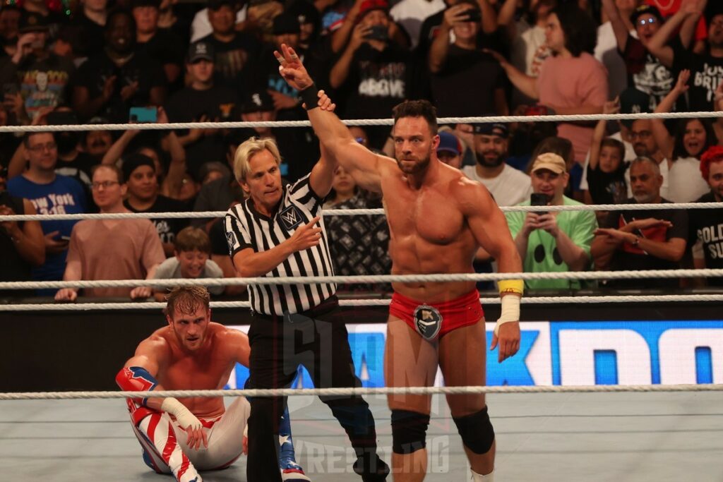LA Knight after winning the Money in the Bank Qualifying match over Santos Escobar and Logan Paul at Madison Square Garden, in New York City, NY, on Friday, June 28, 2024, as WWE presented Smackdown. Photo by George Tahinos, georgetahinos.smugmug.com