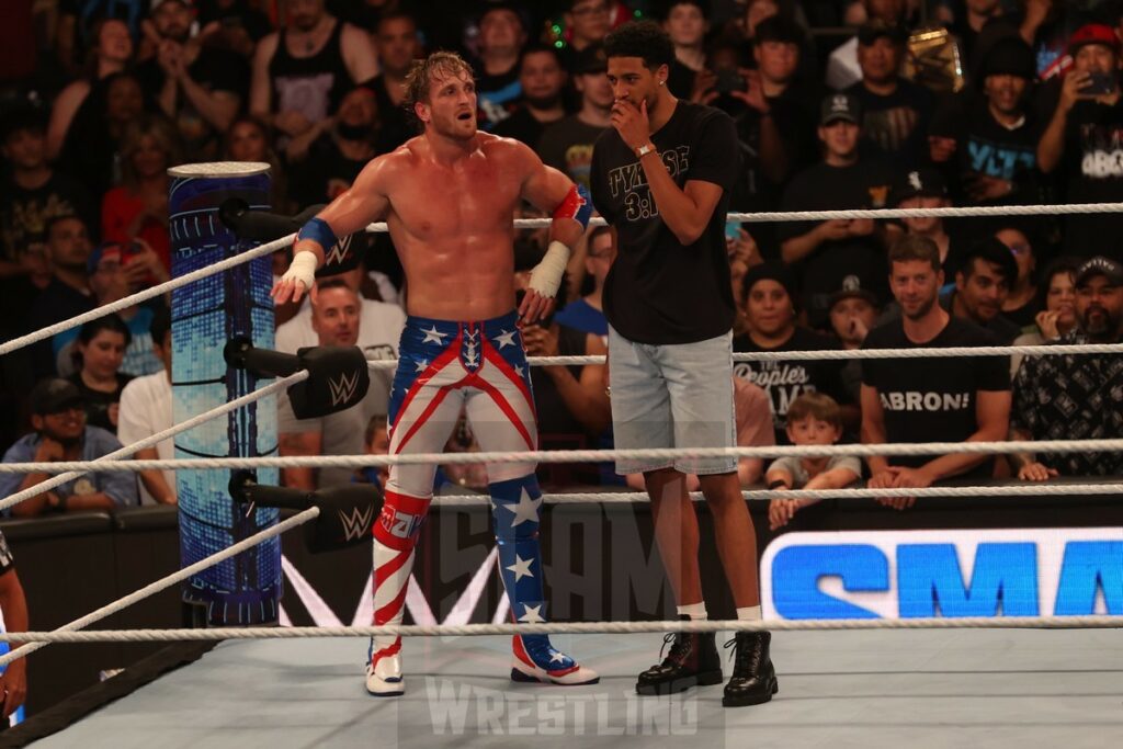 Logan Paul and Tyrese Haliburton of the Indiana Pacers at Madison Square Garden, in New York City, NY, on Friday, June 28, 2024, as WWE presented Smackdown. Photo by George Tahinos, georgetahinos.smugmug.com