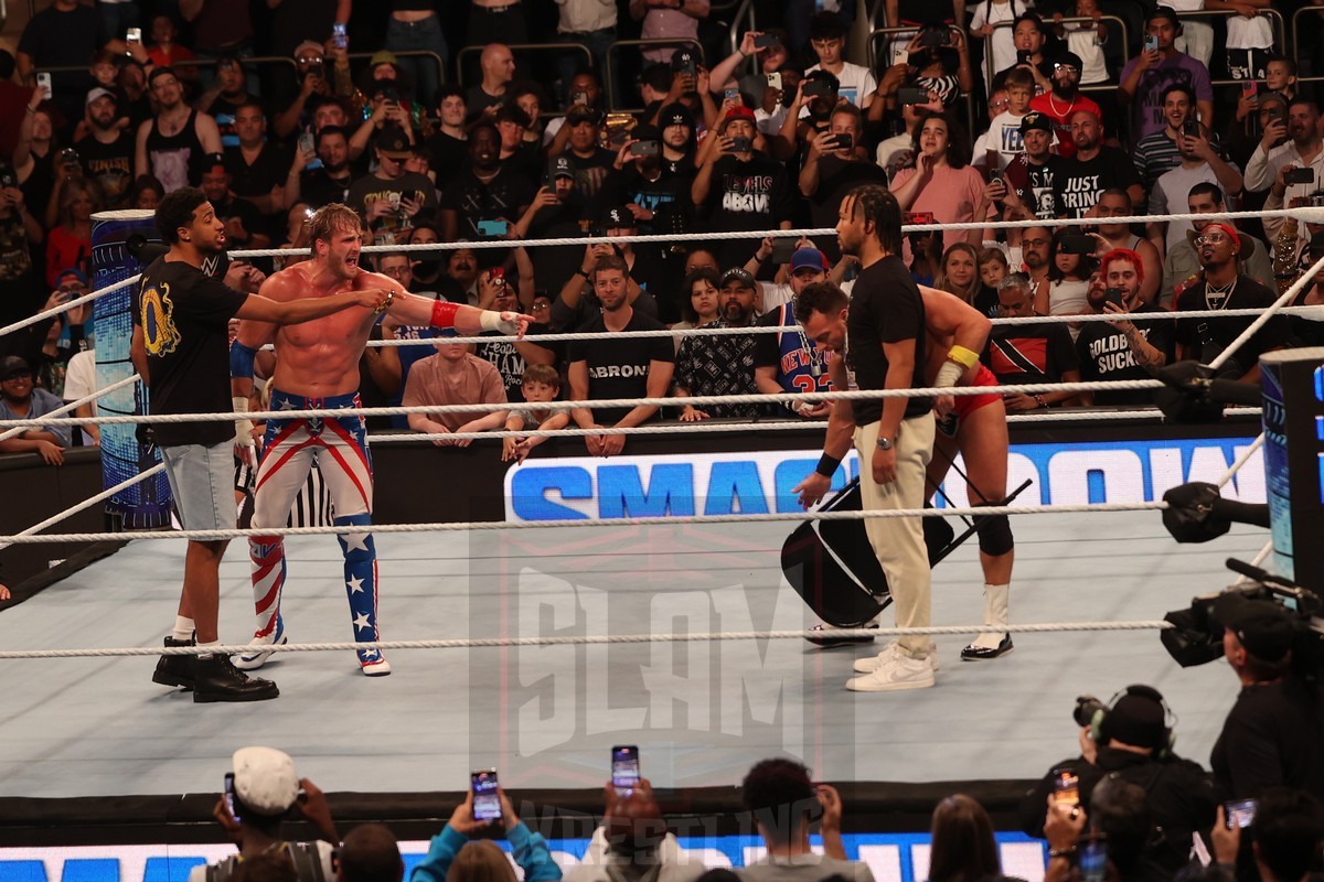 Logan Paul and Tyrese Haliburton of the Indiana Pacers face off with LA Knight and Jalen Brunson of the New York Knicks at Madison Square Garden, in New York City, NY, on Friday, June 28, 2024, as WWE presented Smackdown. Photo by George Tahinos, georgetahinos.smugmug.com