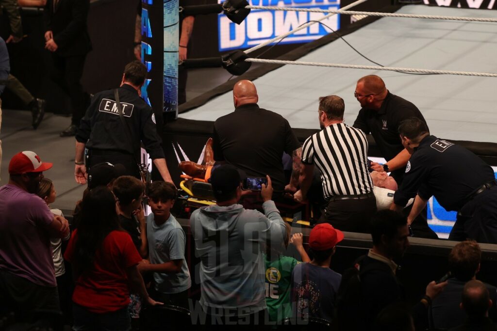 Paul Heyman is wheeled out of Madison Square Garden, in New York City, NY, on Friday, June 28, 2024, as WWE presented Smackdown. Photo by George Tahinos, georgetahinos.smugmug.com