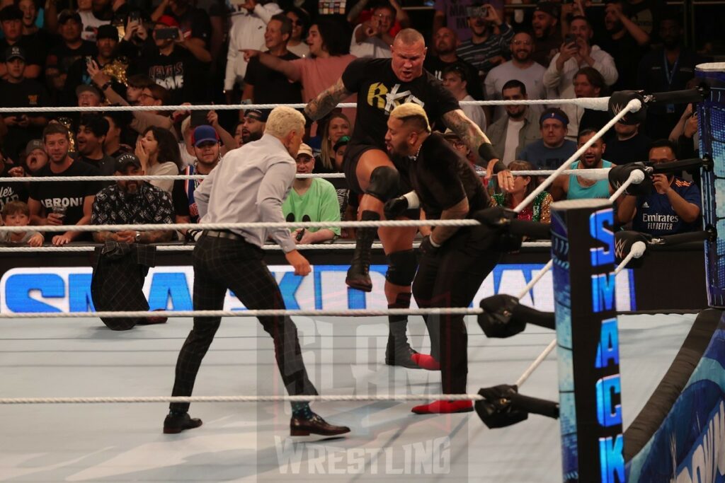 Cody Rhodes and Randy Orton attack The Bloodline (Solo Sikoa, Tama Tonga, Tonga Loa, and Jacob Fatu) at Madison Square Garden, in New York City, NY, on Friday, June 28, 2024, as WWE presented Smackdown. Photo by George Tahinos, georgetahinos.smugmug.com