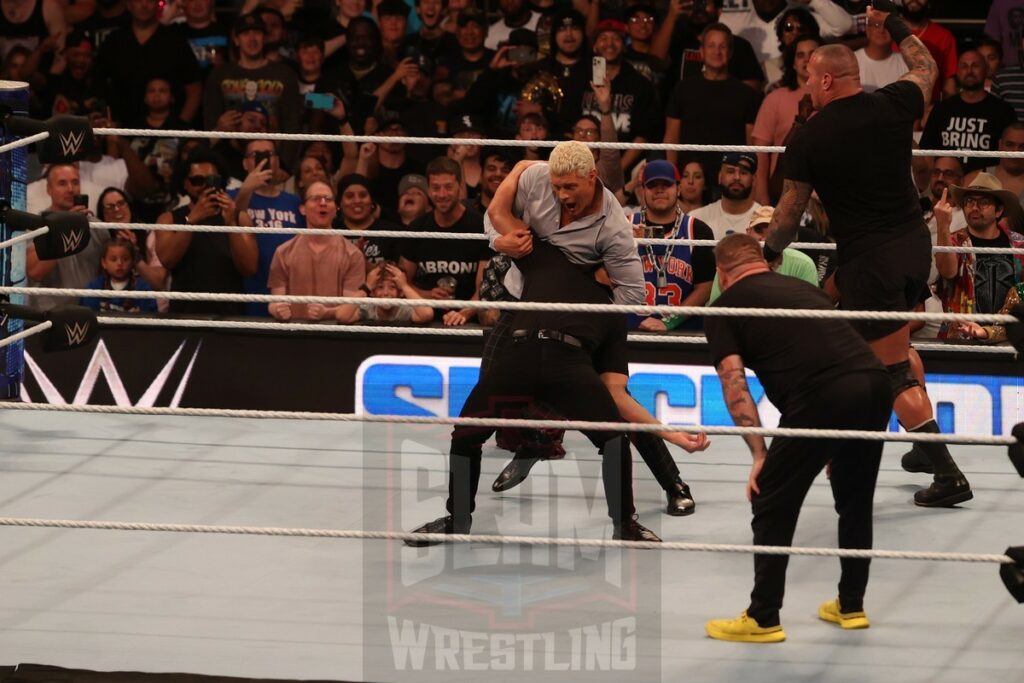 Security at the order of Nick Aldis tries to deal with Cody Rhodes, Randy Orton and Kevin Owens at Madison Square Garden, in New York City, NY, on Friday, June 28, 2024, as WWE presented Smackdown. Photo by George Tahinos, georgetahinos.smugmug.com