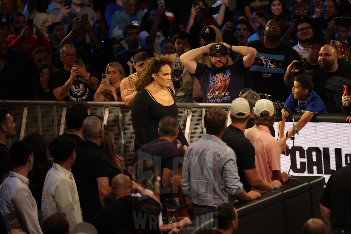 Nia Jax watches the Money in the Bank Qualifying match between Candice LaRae vs. Tiffany Stratton vs. Jade Cargill at Madison Square Garden, in New York City, NY, on Friday, June 28, 2024, as WWE presented Smackdown. Photo by George Tahinos, georgetahinos.smugmug.com