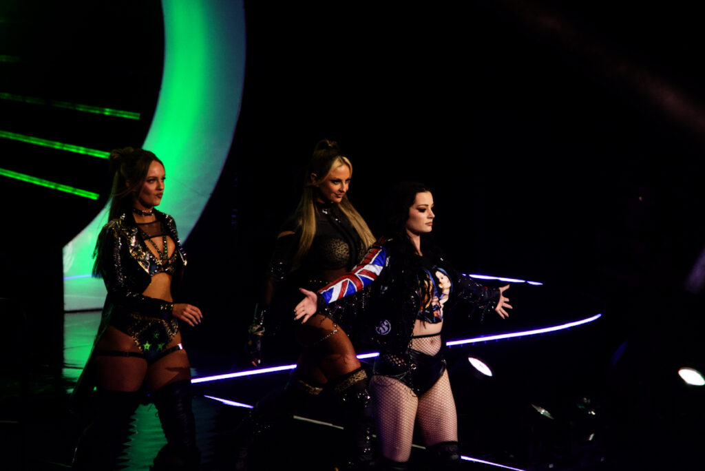 Anna Jay and The Outcasts (Harley Cameron & Saraya) before their trios match at AEW Dynamite at the Keybank Center in Buffalo, NY on June 26, 2024. Photo by Steve Argintaru, Twitter/IG: @steven