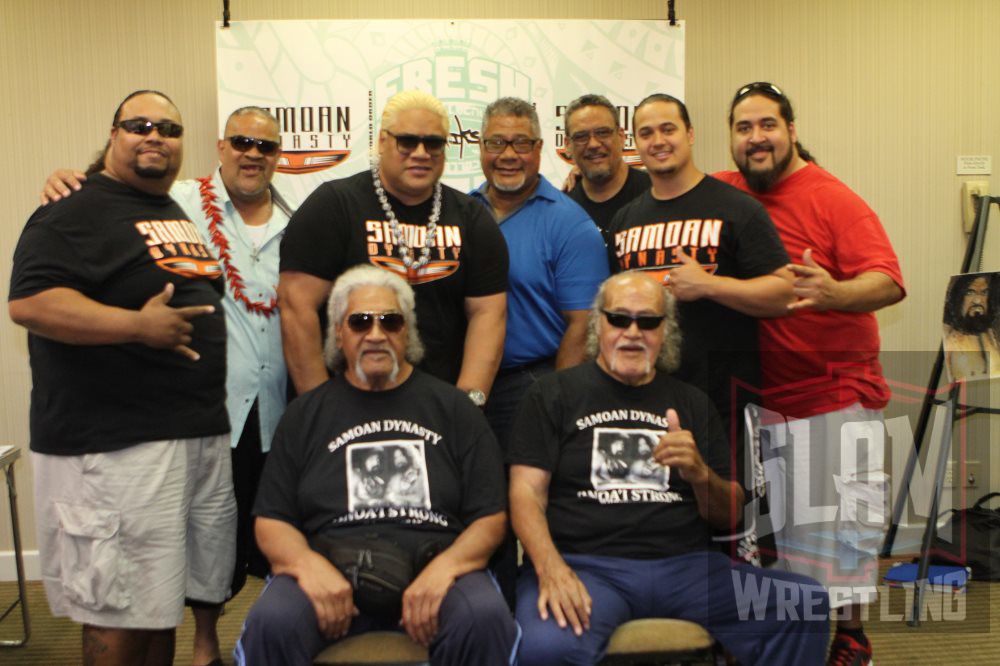 The Samoan Dynasty in 2017, with Wild Samoan Sika and Afa seated in front, included, from left, LA Smooth, Tonga Kid, Rikishi, Haku, Samu, Lance Anoa'i, and Afa Jr. Photo by George Tahinos, Slam Wrestling, https://georgetahinos.smugmug.com