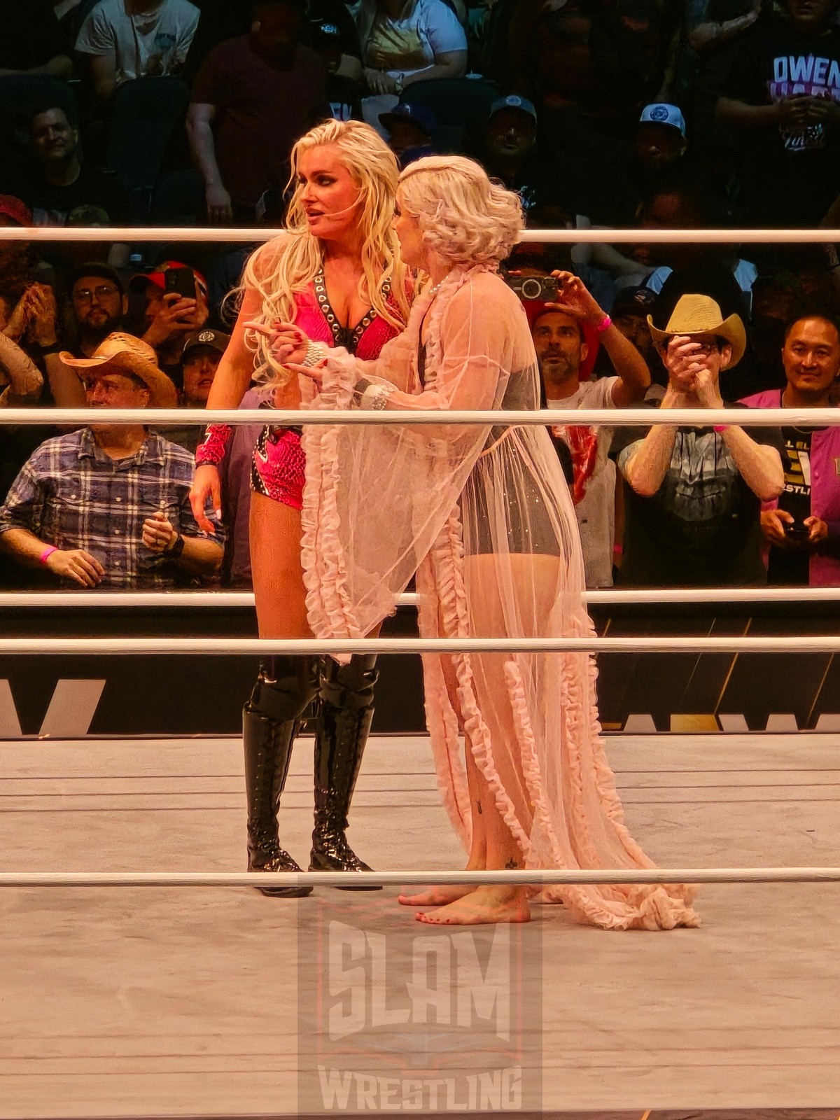 Mariah May and Toni Storm (before the big turn) at AEW Dynamite at the Scotiabank Saddledome in Calgary, Alberta, on July 10, 2024. Photo by Jason Clevett